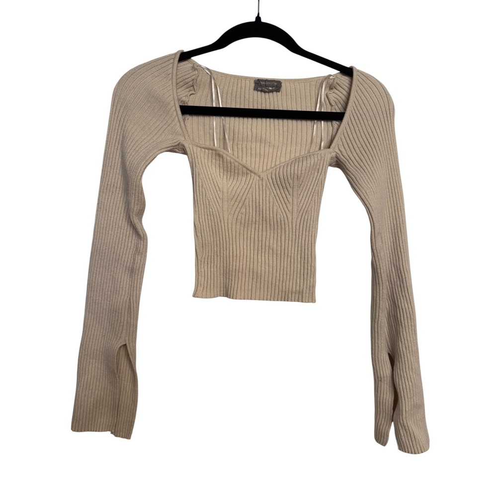 Urban Outfitters Beige Ribbed Sweetheart Neck Long Sleeve Crop Top Small